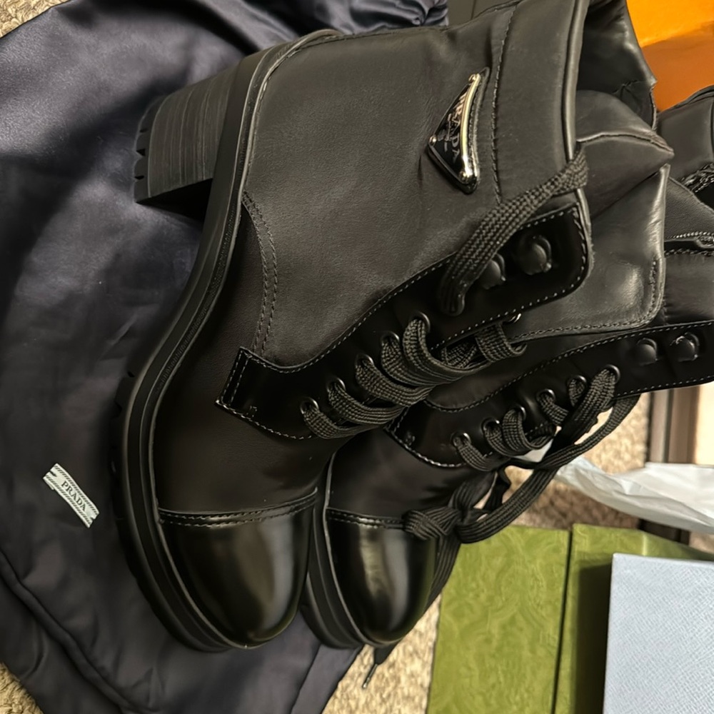 PRADA Re-Nylon and Leather Booties w/Dust Bag and Box- 39 1/2